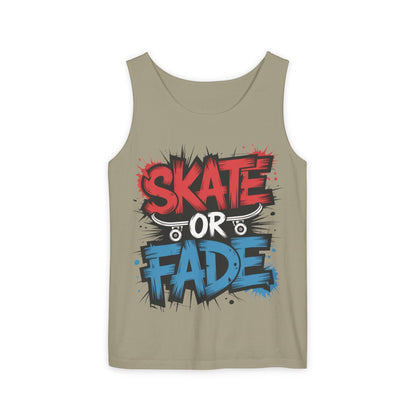 Skate Or Fade Men's Tank Top, Graffiti Skateboard Graphic Muscle Shirt, Urban Streetwear Sleeveless Top, Men's Garment-Dyed Tank Top