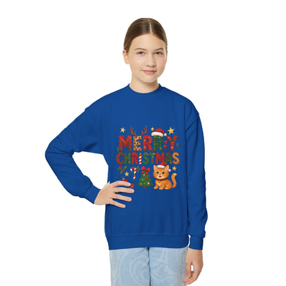 Merry Christmas Cat Sweatshirt for Girls, Cozy Holiday Kitten Jumper, Youth Crewneck Sweatshirt