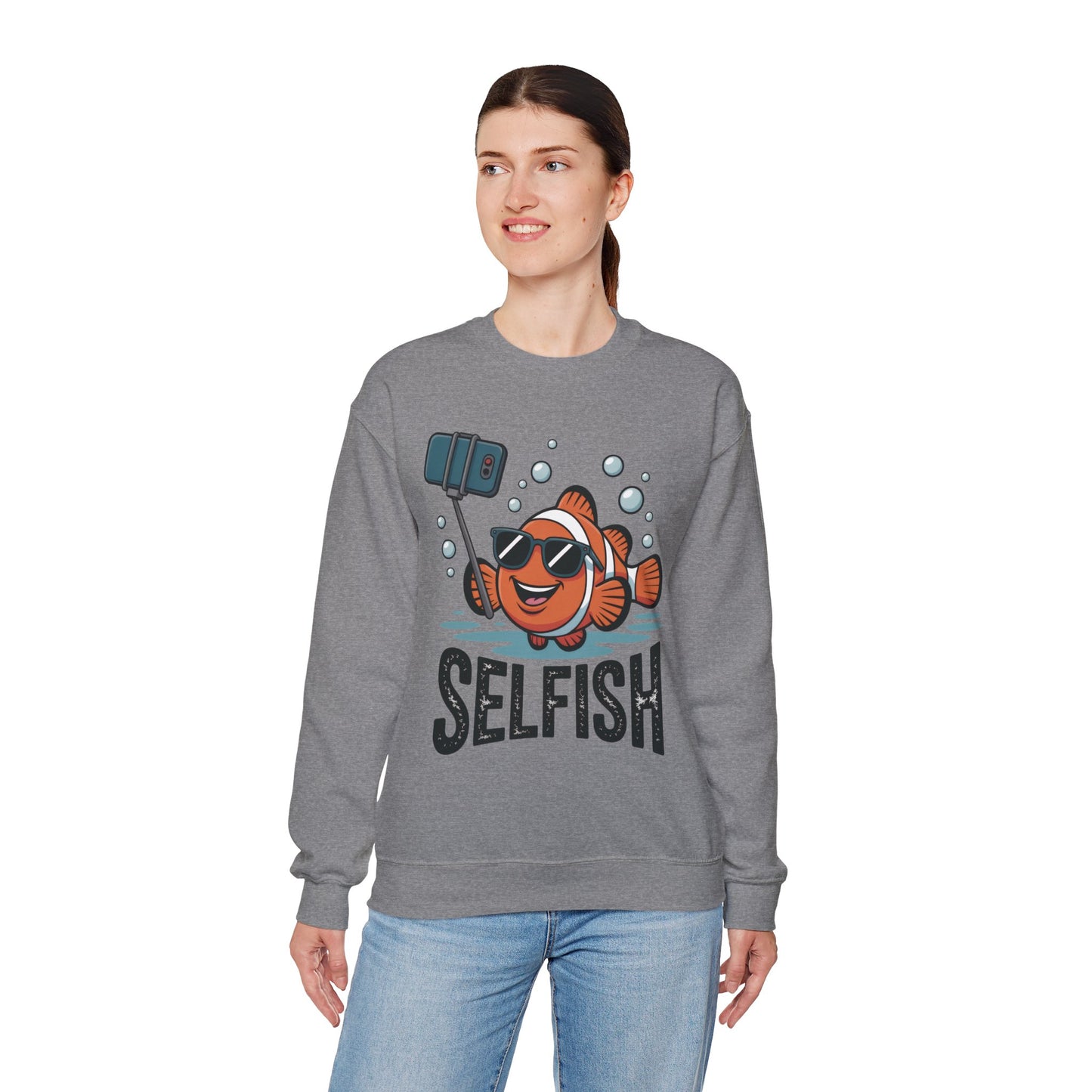 Unisex Heavy Blend™ Crewneck Sweatshirt, Mens Selfish Funny Fish Sweatshirt, Cute Selfie Pullover, Ocean Humor Top