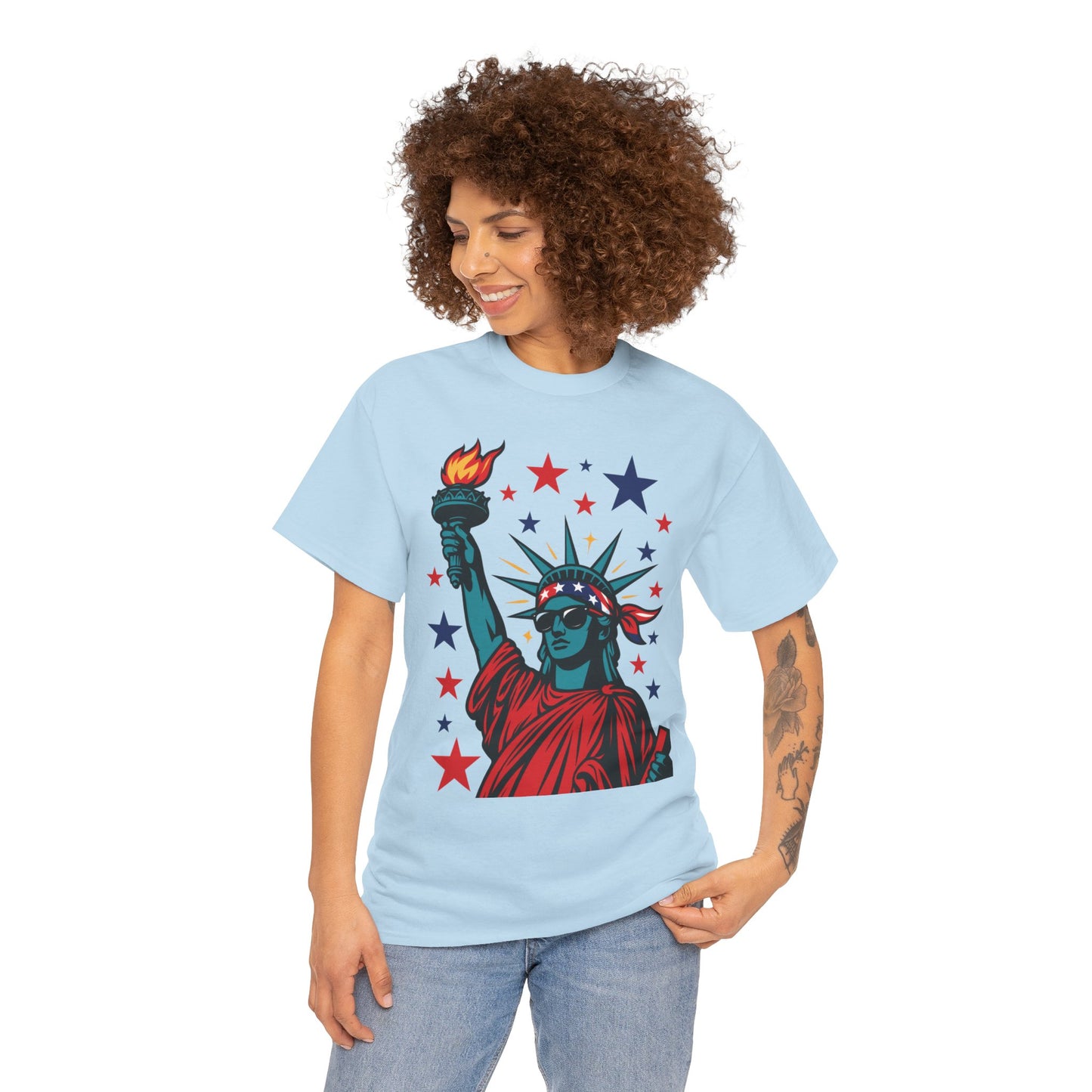 Lady Liberty Pop Art T-Shirt, Patriotic 4th of July Women’s Tee, Retro USA Bandana Statue Shirt