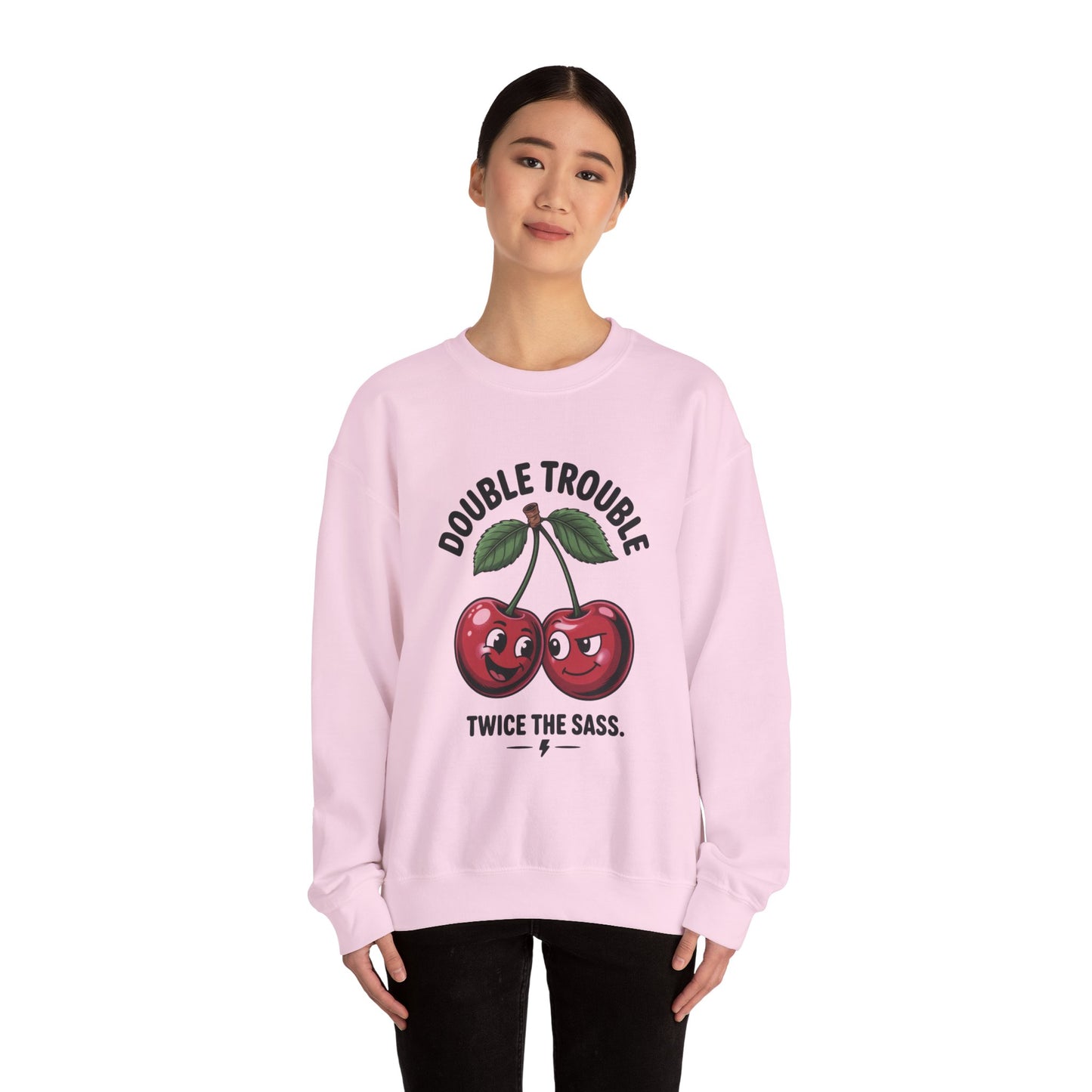 Double Trouble Cherry Sweatshirt, Cute Funny Womens Pullover, Twice The Sass Fruit Graphic Sweater, Playful Red Cherry Crewneck
