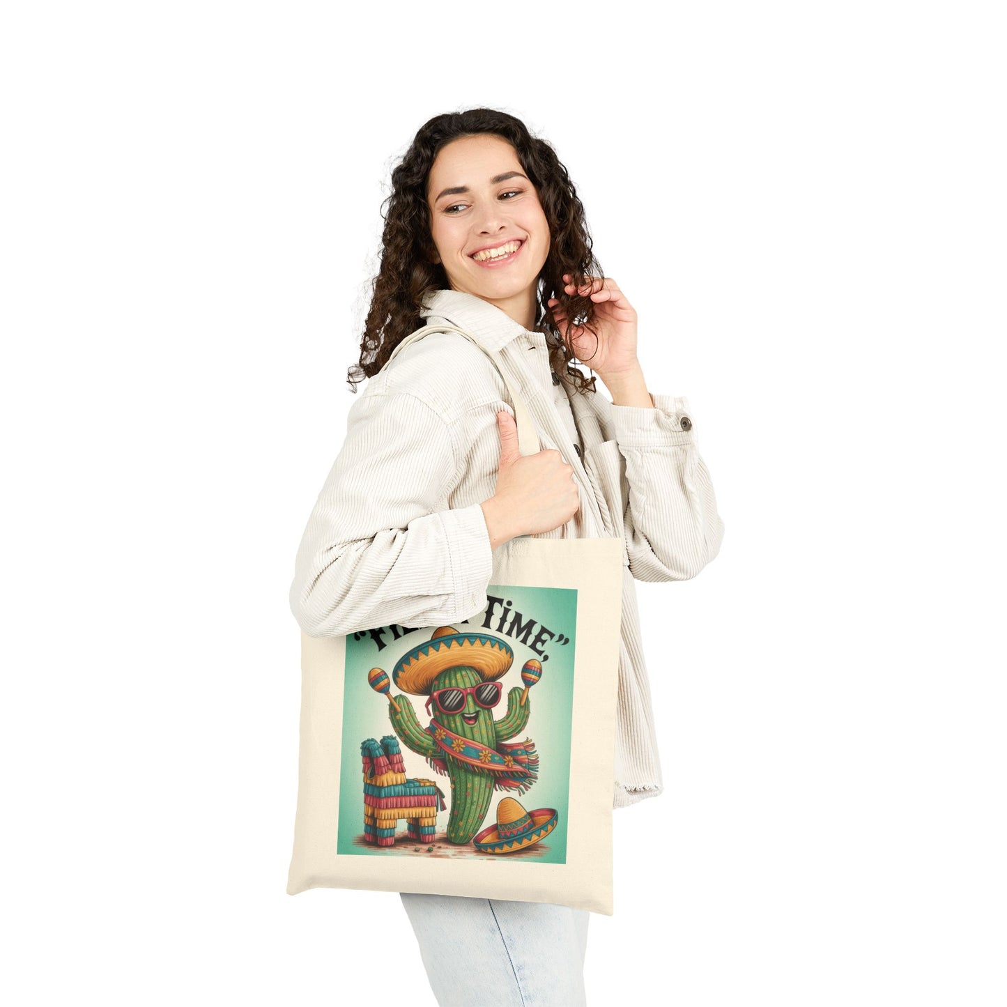 Fiesta Time Cactus Tote Bag, Colorful Funny Sombrero Maracas Piñata Mexican Party Gift Bag, Summer Vibes Canvas Bag