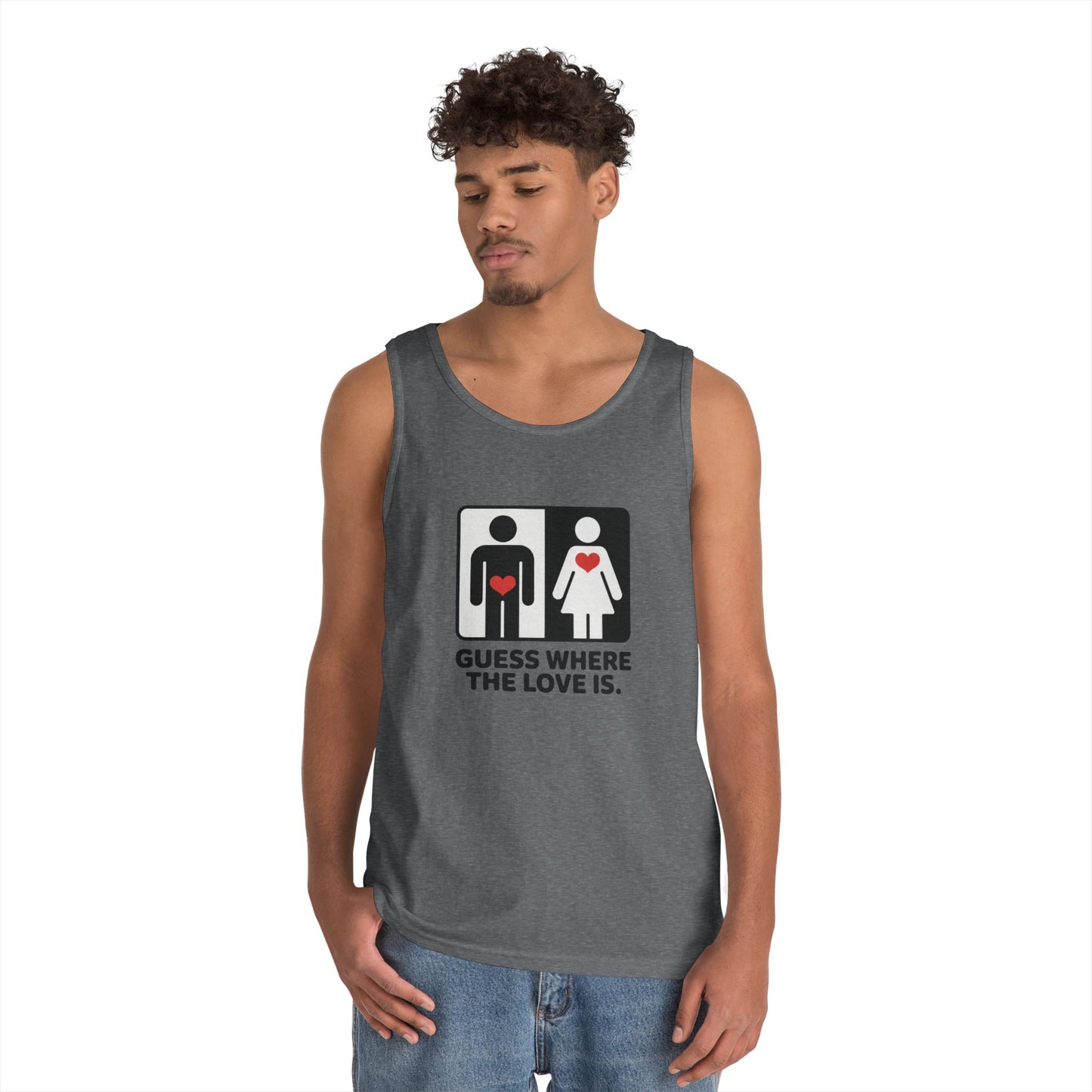 Cute Guess Where The Love Is Mens Tank, Couples Gift, Valentines Day Gift, Relationship Humor Shirt, Funny Tank for Him, Bold Love Joke Tank