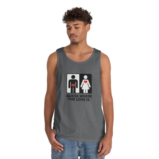 Cute Guess Where The Love Is Mens Tank, Couples Gift, Valentines Day Gift, Relationship Humor Shirt, Funny Tank for Him, Bold Love Joke Tank