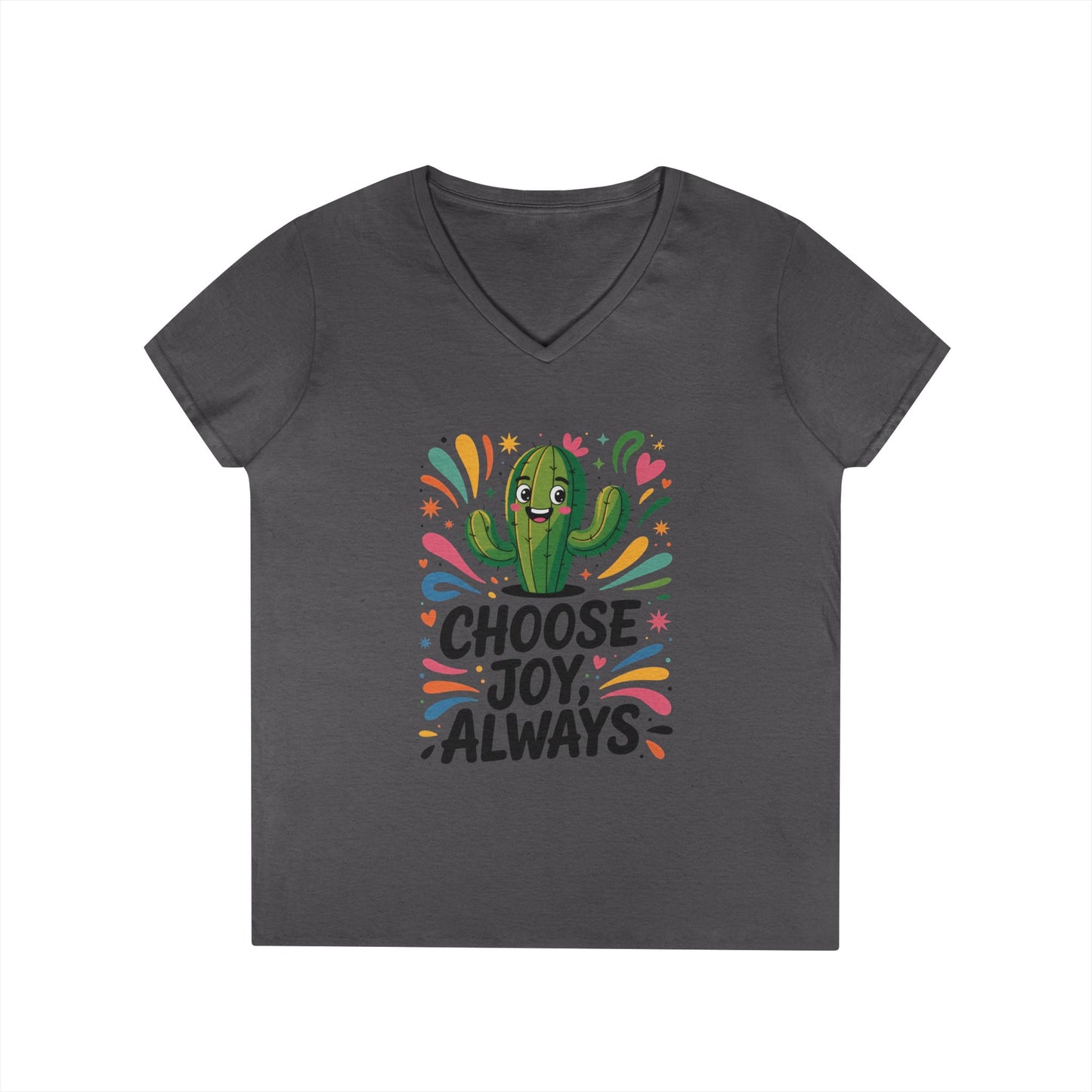 Choose Joy Cactus Ladies' V-Neck T-Shirt, Positive Vibe Shirt, Gift for Her, Summer Casual Tee, Inspirational Wear, Cute Graphic Top