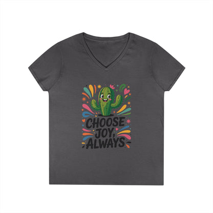 Choose Joy Cactus Ladies' V-Neck T-Shirt, Positive Vibe Shirt, Gift for Her, Summer Casual Tee, Inspirational Wear, Cute Graphic Top