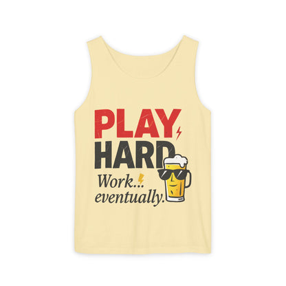 Casual Tank Top with Play Hard Print, Fun Summer Apparel, Gift for Dad or Friends, Beach Wear, Workout Top, Party Attire