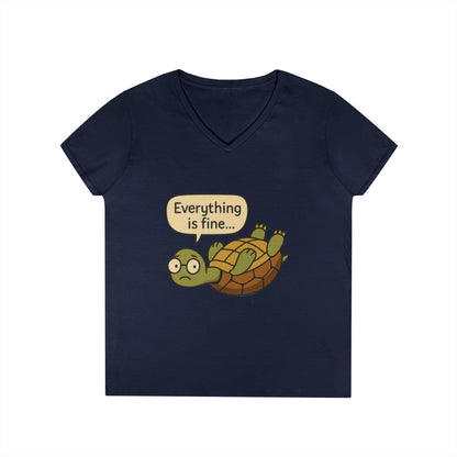 Cute & Comfy Turtle V-Neck T-Shirt - "Everything is fine..." design, Gift for Animal Lovers, Casual Wear, Fun Quotes, Positive message tee