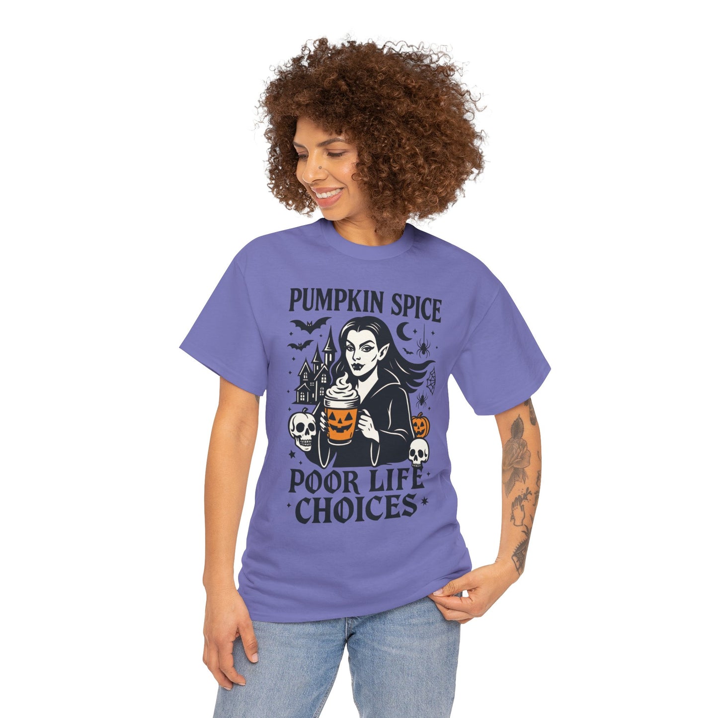 Pumpkin Spice Poor Life Choices Women's T-Shirt, Funny Vampire Coffee Halloween Graphic Tee
