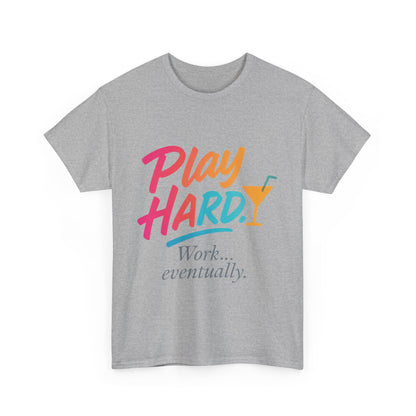 Play Hard Work Eventually T-Shirt, Funny Cocktail Graphic Tee, Pink Womens Party Shirt, Relaxed Vacation Top