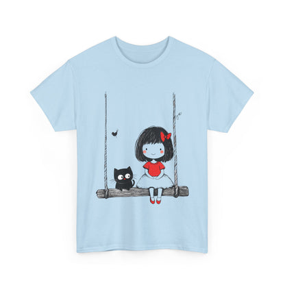 Cute Cat & Girl Graphic Tee, Playful Gift for Cat Lovers, Cat and Girl Design, Gift for Cat Owners, Women's Cotton T-Shirt