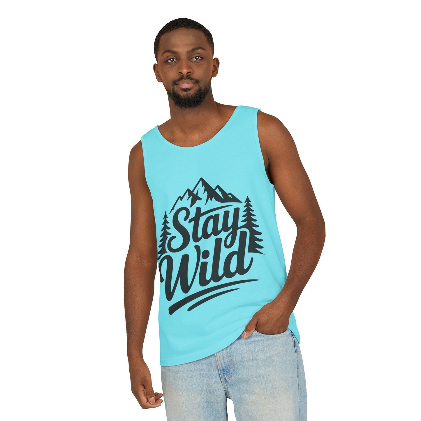 Stay Wild Garment-Dyed Mens Tank Top, Boho Summer Top, Adventure Shirt, Nature Lover Apparel, Gift for Hikers, Outdoor Clothing