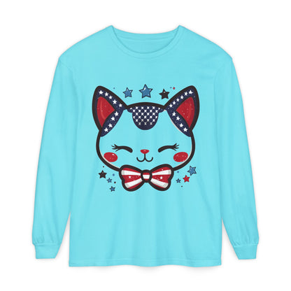 Cute Patriotic Cat Long Sleeve Women's T-Shirt, Fourth of July, Cat Lovers Gift, Casual Wear, Perfect for Holidays and Celebrations