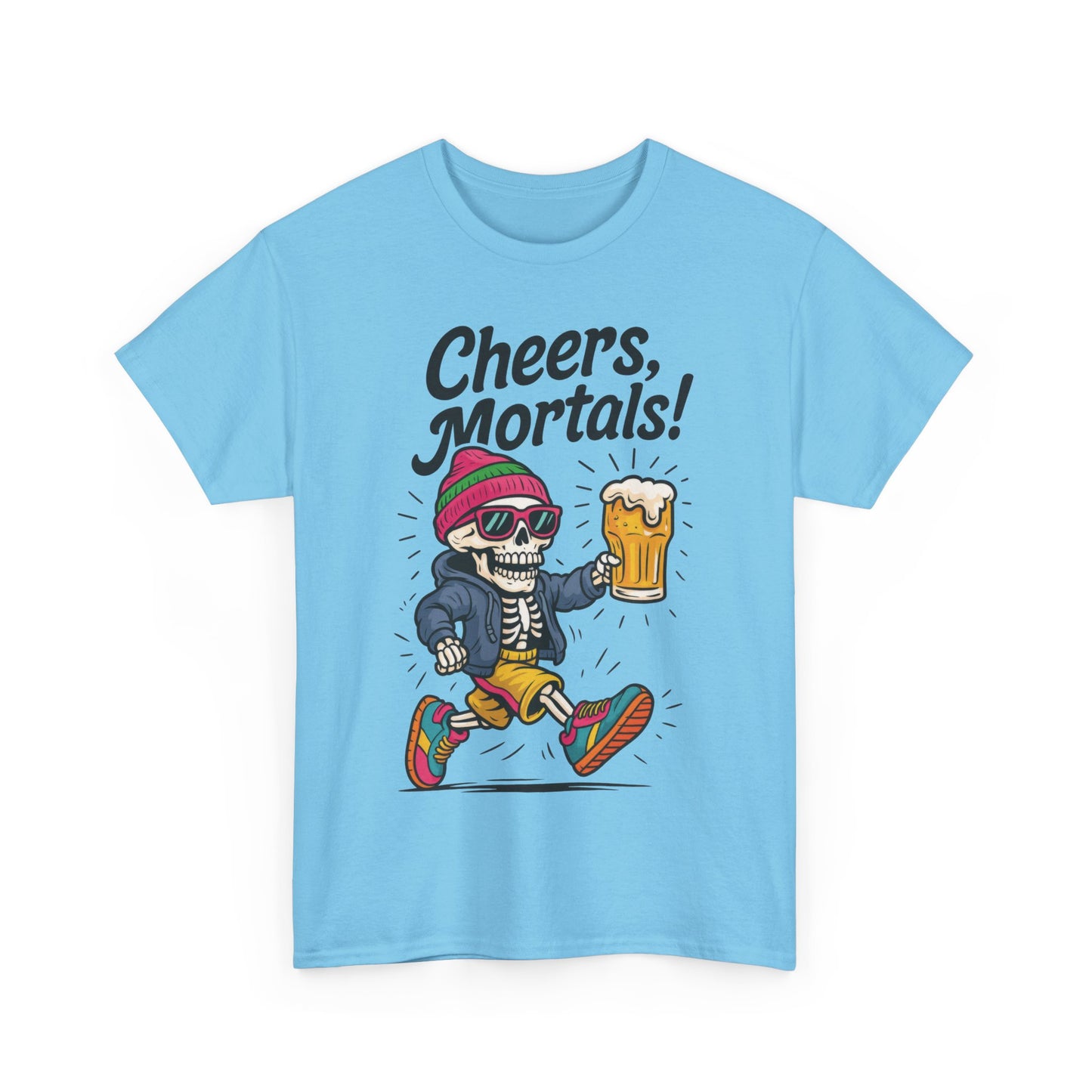 Cheers, Mortals! Mens Tee, Funny Skeleton Beer Graphic Tee, Cool Drinking Humor Shirt, Party Gift for Him, Halloween Tee,  Beer Lovers Gift