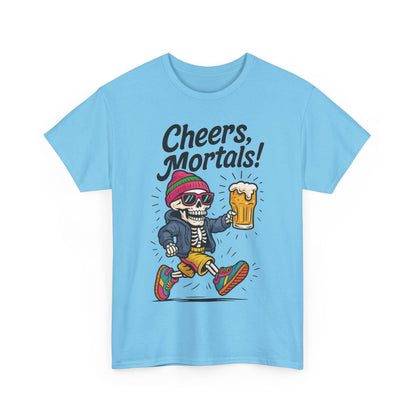 Cheers, Mortals! Mens Tee, Funny Skeleton Beer Graphic Tee, Cool Drinking Humor Shirt, Party Gift for Him, Halloween Tee,  Beer Lovers Gift