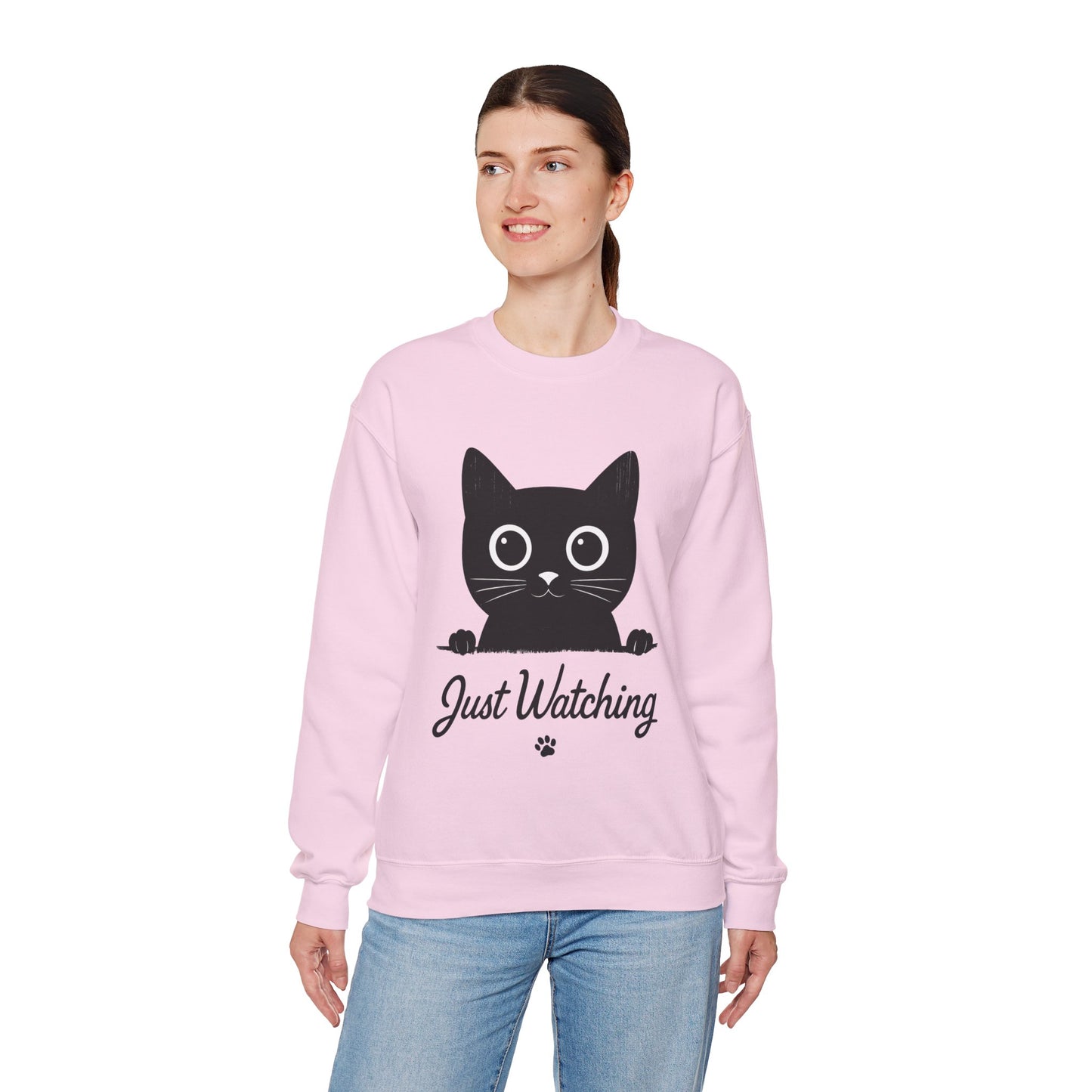 Funny Black Cat Womens Crewneck Sweatshirt - Just Watching Minimalist Kitty Pullover - Cozy Cat Lover Gift, Pet Owner Apparel