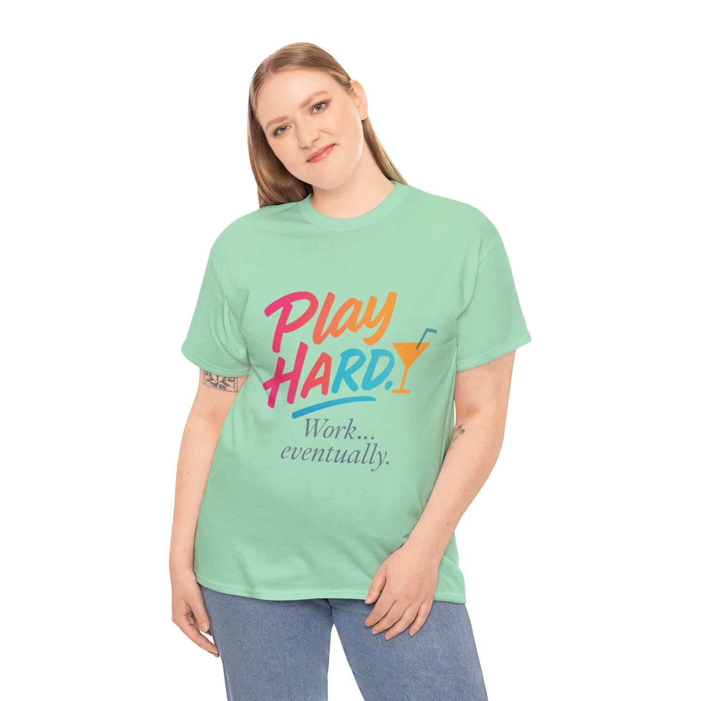 Play Hard Work Eventually T-Shirt, Funny Cocktail Graphic Tee, Pink Womens Party Shirt, Relaxed Vacation Top