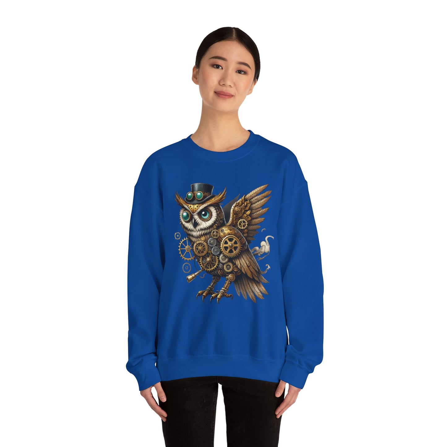 Steampunk Owl Unisex Crewneck Sweatshirt, Vintage Mechanical Gears Fantasy Bird Graphic Pullover, Gift for Owl Lovers