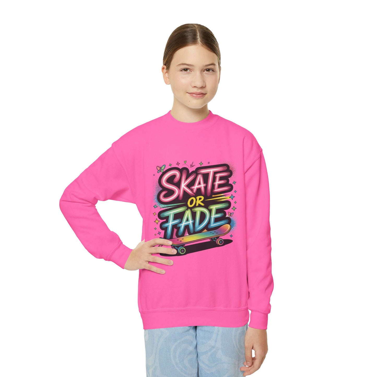 Youth Crewneck Sweatshirt, Skate Or Fade Girls Sweatshirt, Colorful Graffiti Skateboarding Crewneck Sweatshirt, Youth Streetwear Gift