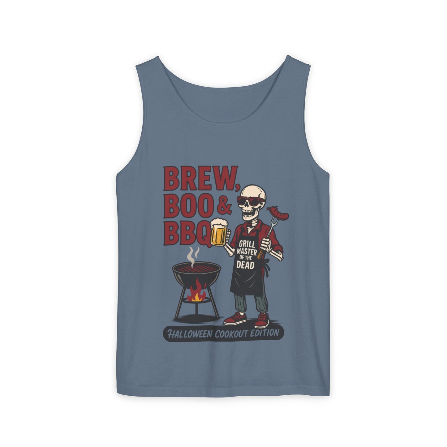 Halloween BBQ Men's Tank Top, Brew Boo & BBQ Skeleton Grill Master, Funny Dad Gift, Grill Master Top, Funny Skeleton Top
