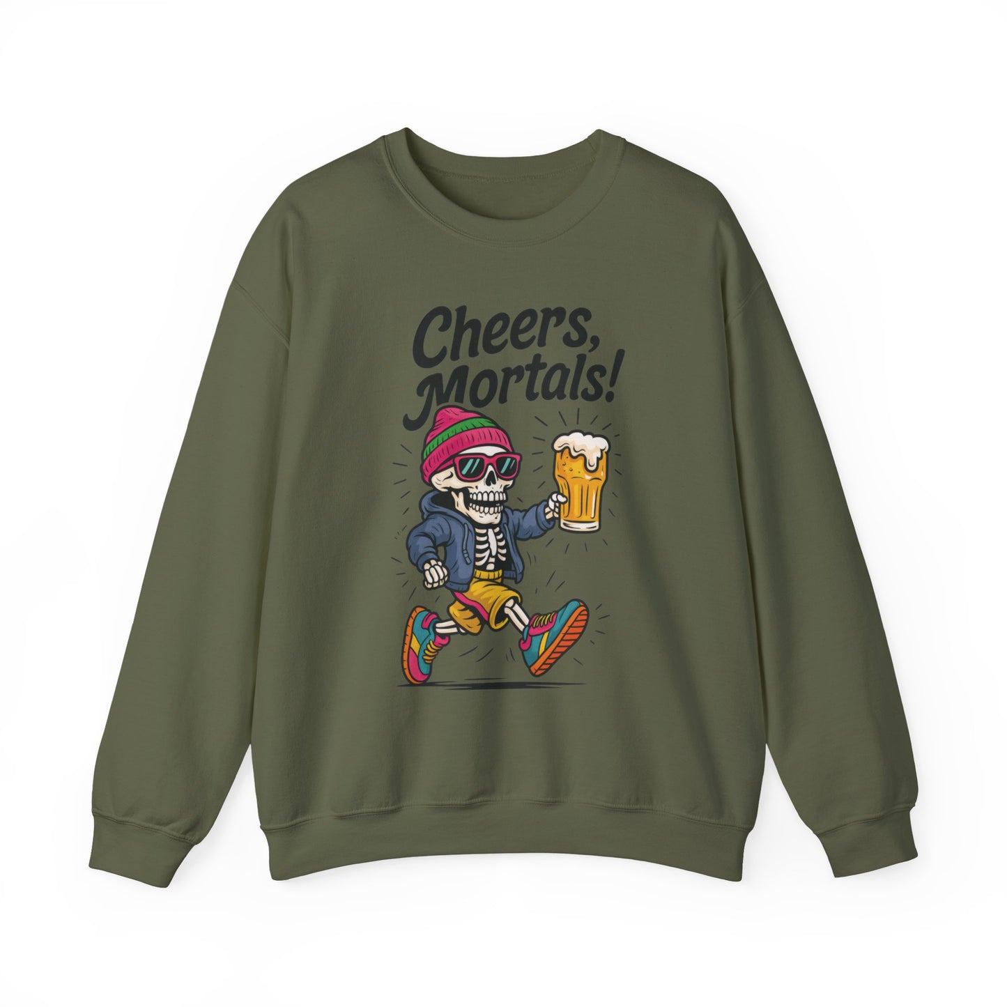 Cheers Mortals! Mens Crewneck Sweatshirt, Skeleton Beer Pullover with Hood, Drinking Humor Sweatshirt, Party Gift for Him, Halloween Apparel