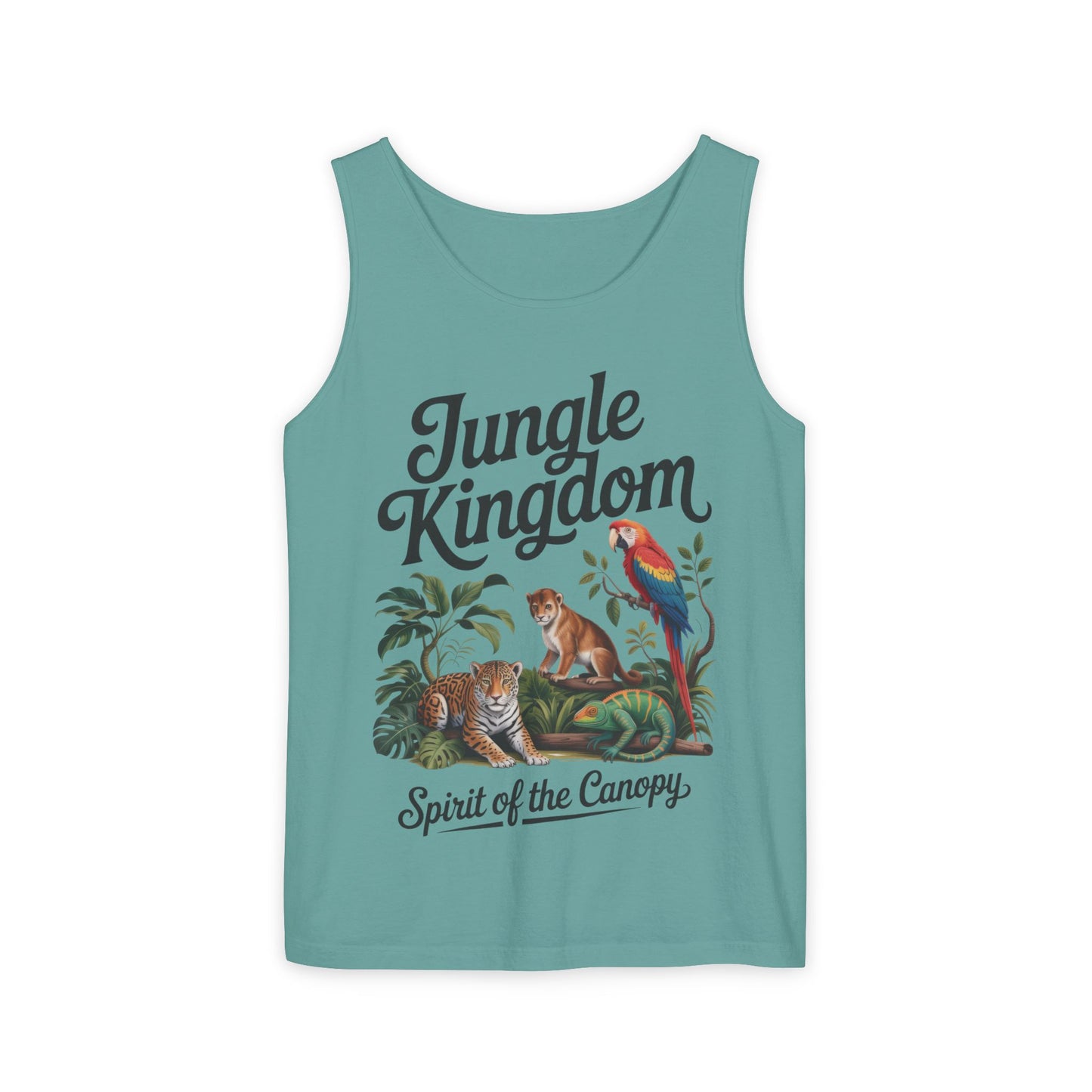 Jungle Kingdom Tank Top, Mens Garment-Dyed Sleeveless Shirt, Spirit of the Canopy Tee, Summer Outfit, Eco-Friendly Casual Wear