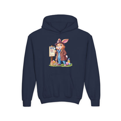 Detective Bunny Easter Hoodie for Kids - Fun Egg Hunt Youth Sweatshirt, Cute Spring Holiday Outfit, Cozy Hooded Gift for Boys & Girls