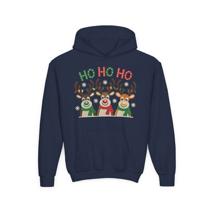 Ho Ho Ho Reindeer Hoodie for Girls, Cute Christmas Holiday Kids Pullover, Youth Hooded Sweatshirt