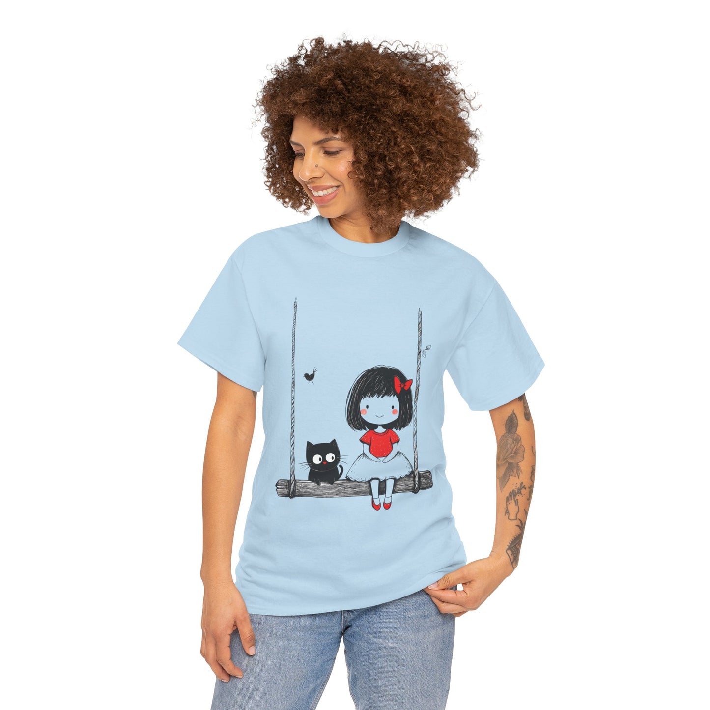 Cute Cat & Girl Graphic Tee, Playful Gift for Cat Lovers, Cat and Girl Design, Gift for Cat Owners, Women's Cotton T-Shirt