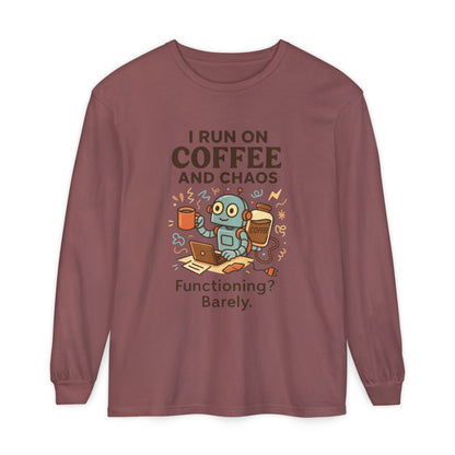 Coffee Chaos Long Sleeve Tee, Funny T-Shirt, Quirky Gift for Coffee Lovers, Unisex Top for Busy Lives, Work from Home Humor Tee
