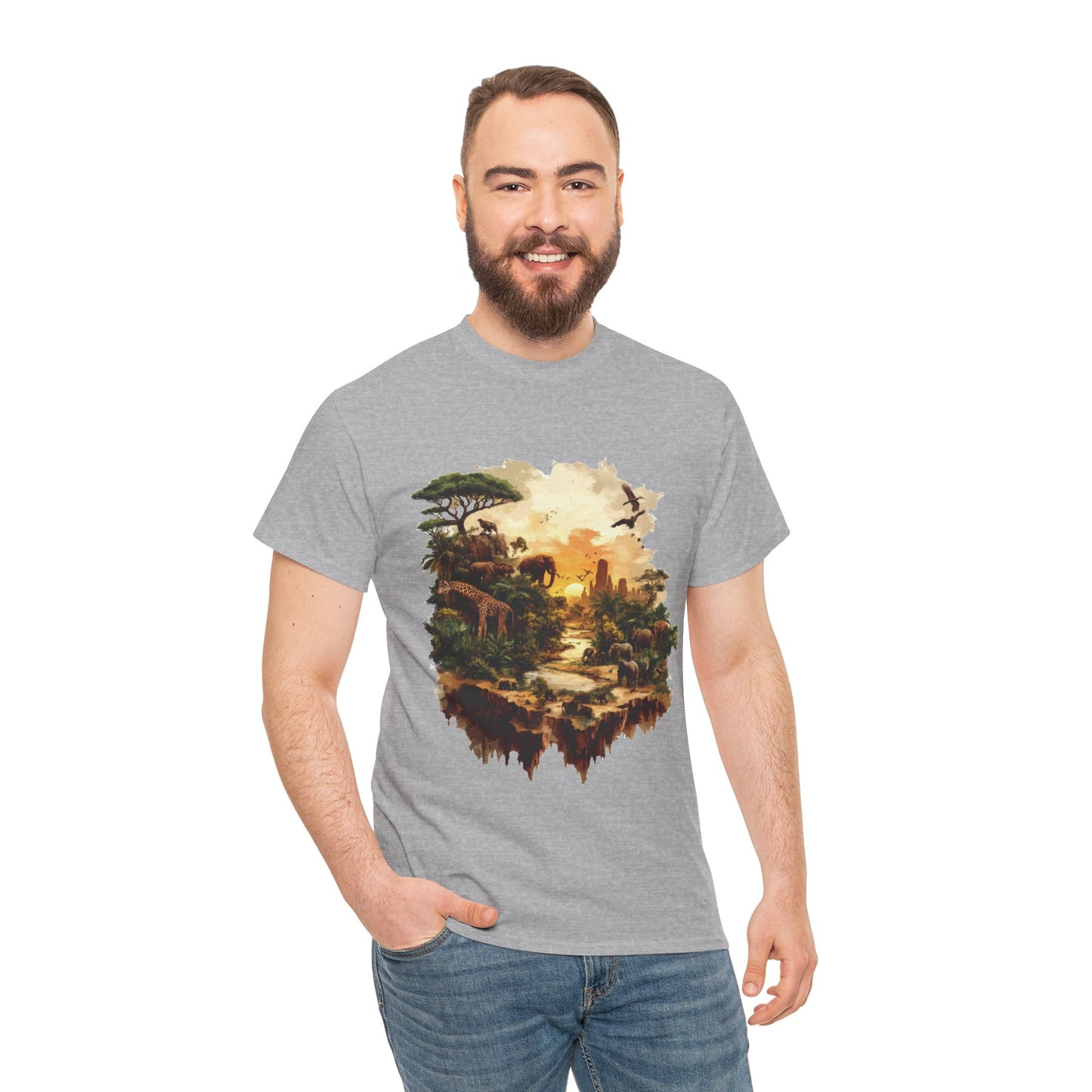 Safari Sunset Animal Print T-Shirt, Jungle Wildlife Graphic Tee , African Nature Unisex Heavy Cotton Shirt, Gift for Nature Lovers