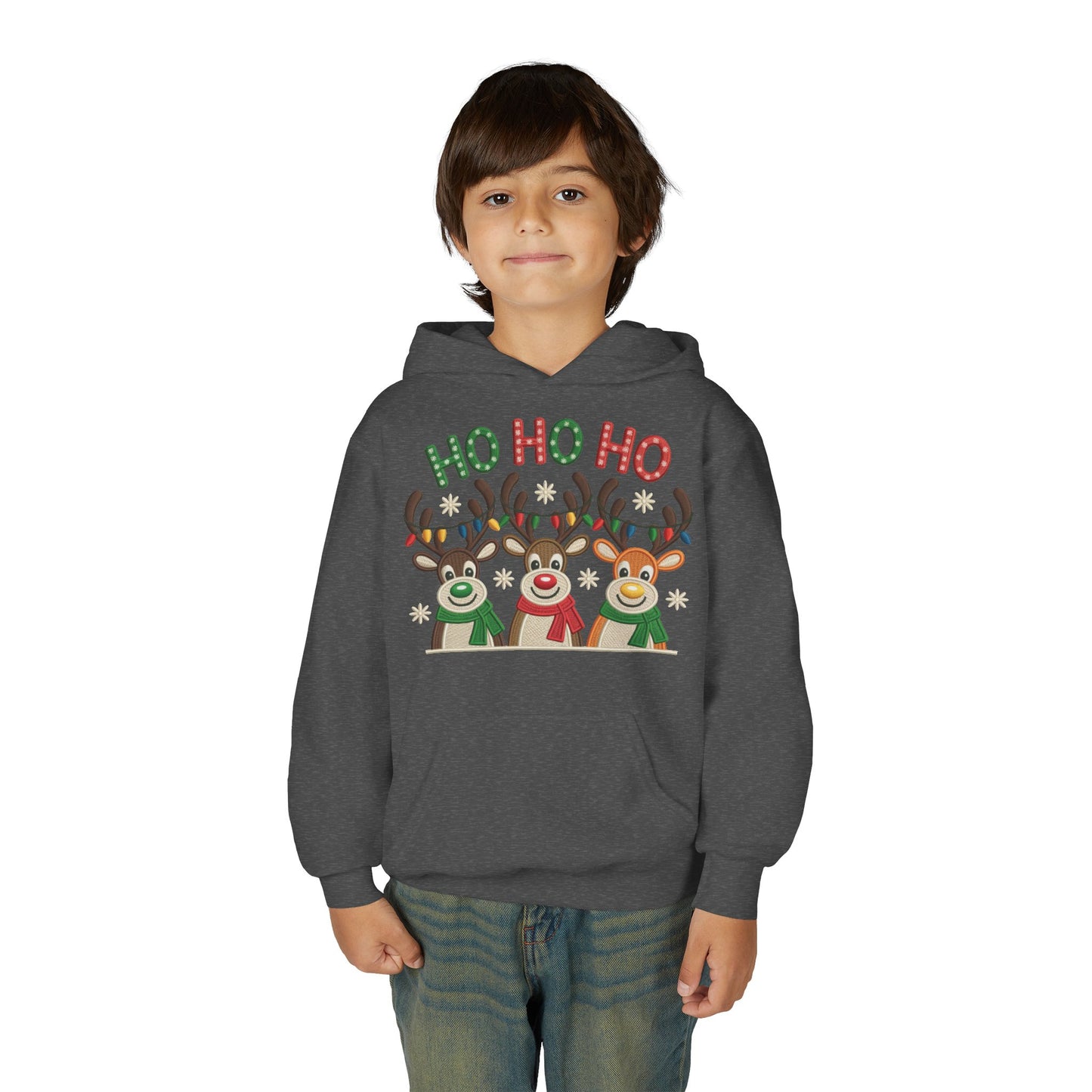 Ho Ho Ho Reindeer Hoodie for Girls, Cute Christmas Holiday Kids Pullover, Youth Hooded Sweatshirt