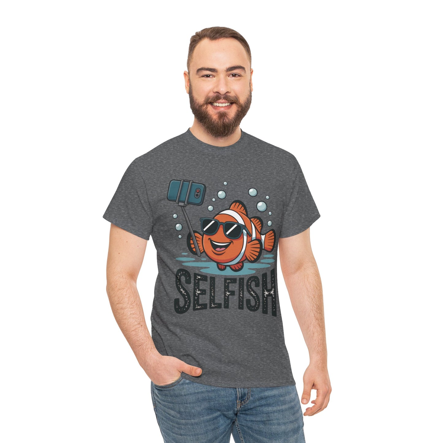 Unisex Heavy Cotton Tee, Mens Selfish Funny Fish T-Shirt, Cute Selfie Graphic Tee, Ocean Humor Shirt