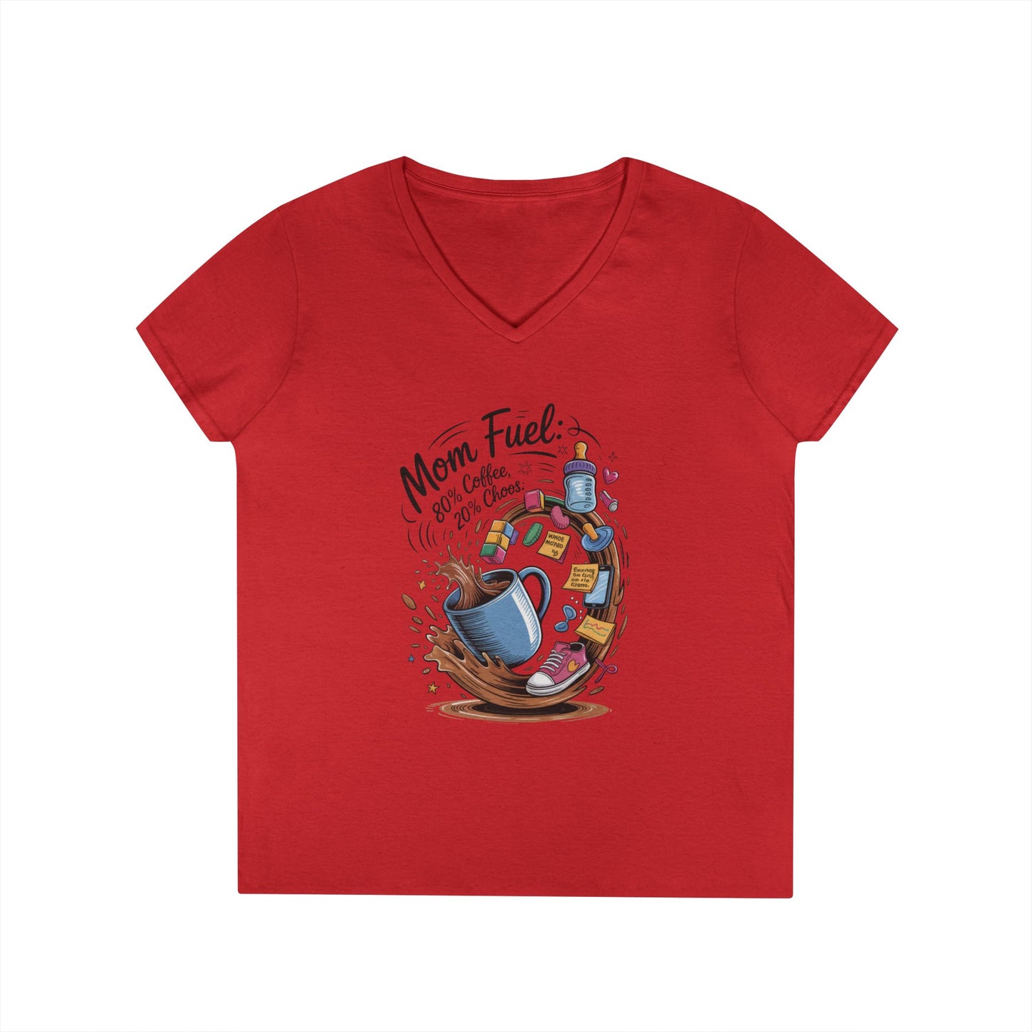Mom Fuel V-Neck T-Shirt, Funny Coffee Lover V-Neck T-Shirt, Gift for Moms, Mother's Day, Casual Wear, Pajama Top