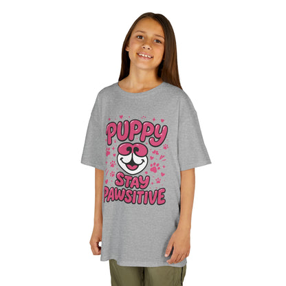 Puppy Stay Pawsitive Youth T-Shirt - Cute Positive Dog Shirt for Teens - Fun Puppy Paw Graphic Kids Tee, Kids Gift, Pet Lover Shirt