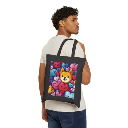 Cute Shiba Inu Heart Tote Bag, Kawaii Dog Meme Canvas Bag, Colorful Cartoon Love Shopper Gift for Dog Lovers & Valentine's Day