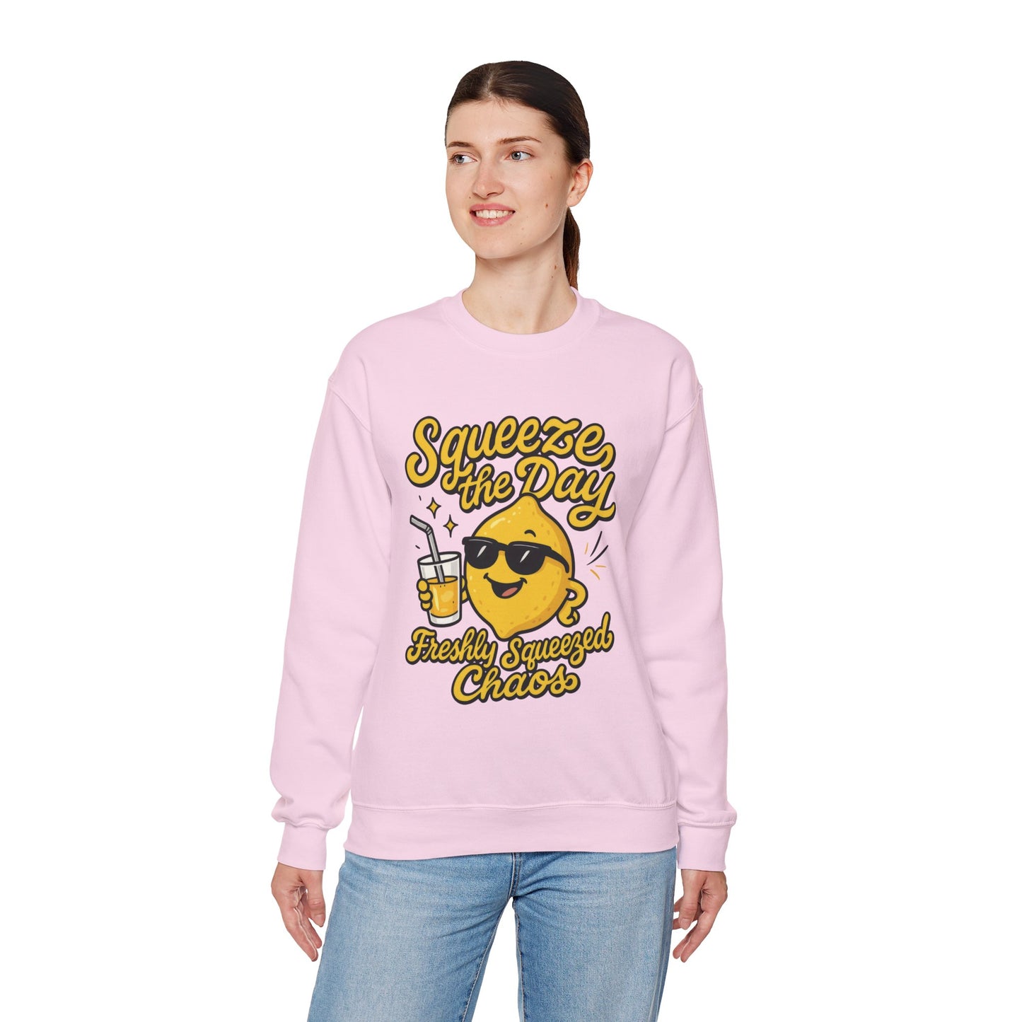 Funny Lemon Womens Sweatshirt - Squeeze The Day Freshly Squeezed Chaos Cozy Pullover - Citrus Positive Crewneck Sweatshirt, Cheerful Fashion
