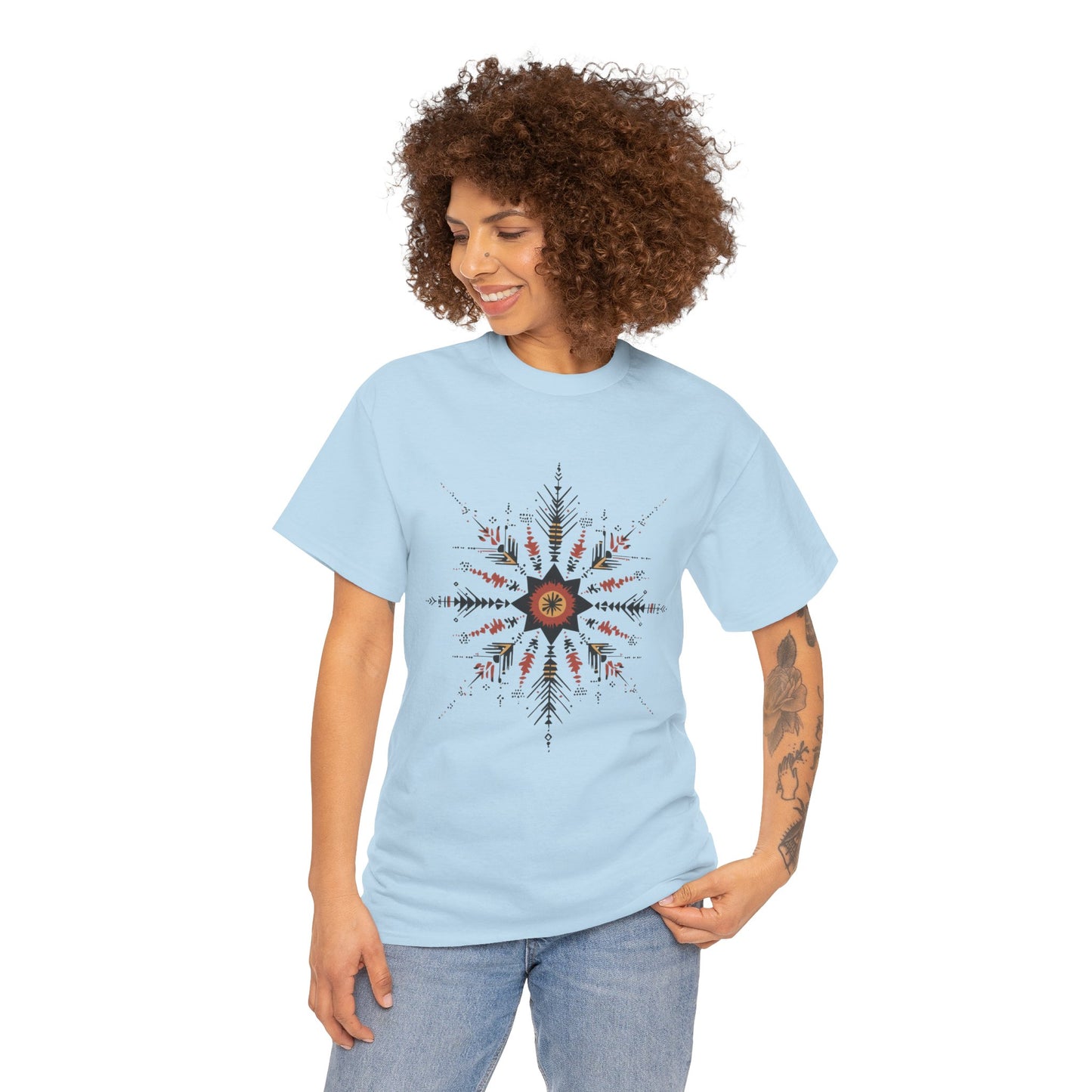 Boho Tribal Mandala Star Women's Cotton Tee, Ethnic Geometric Graphic T-Shirt, Festival Bohemian Style Gift, Bohemian Graphic Tee