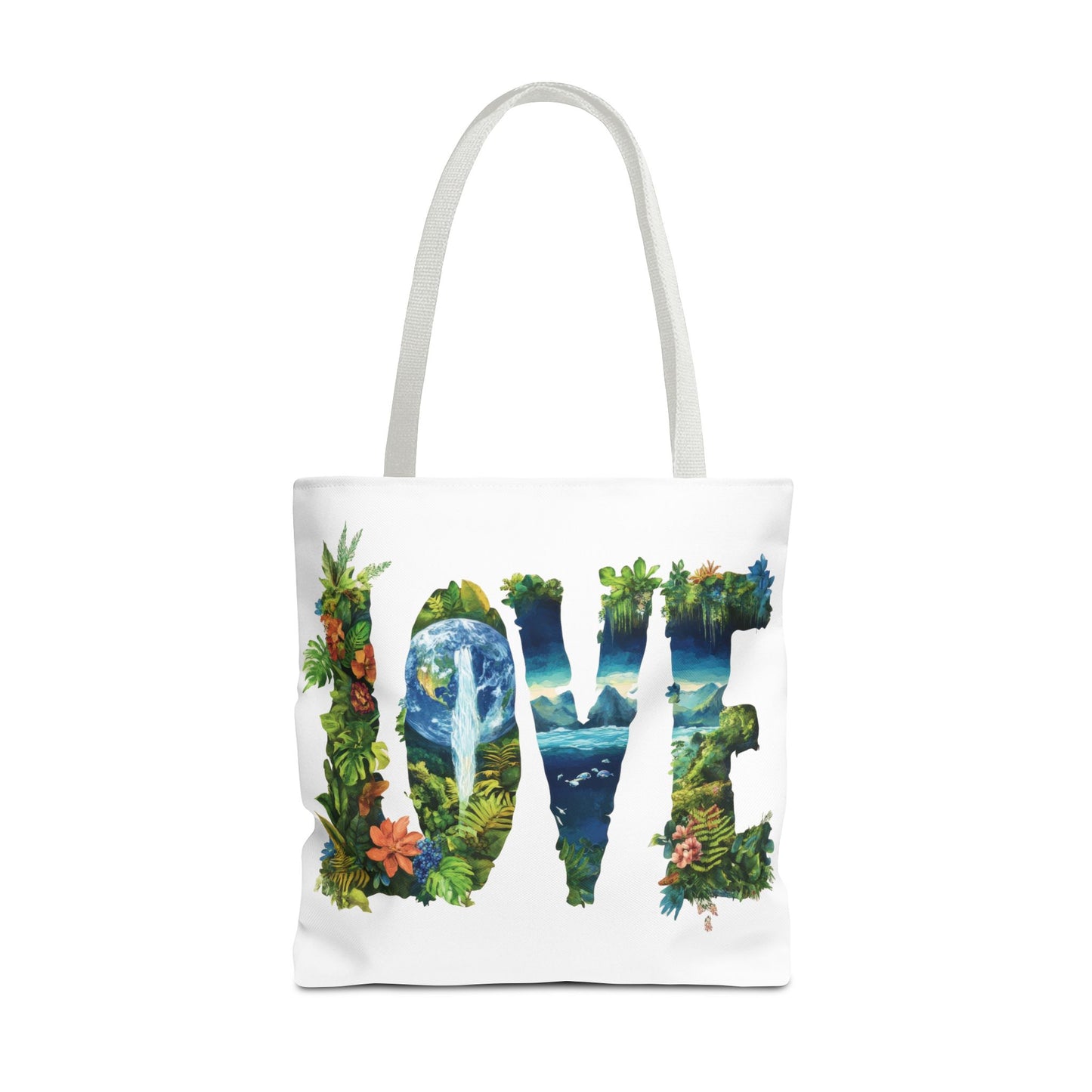 Earth Day LOVE Tote Bag, Eco Friendly Nature Art Bag, Sustainable Planet Message, Floral Tote, Shopping Bag, Beach Bag, Large Canvas Bag
