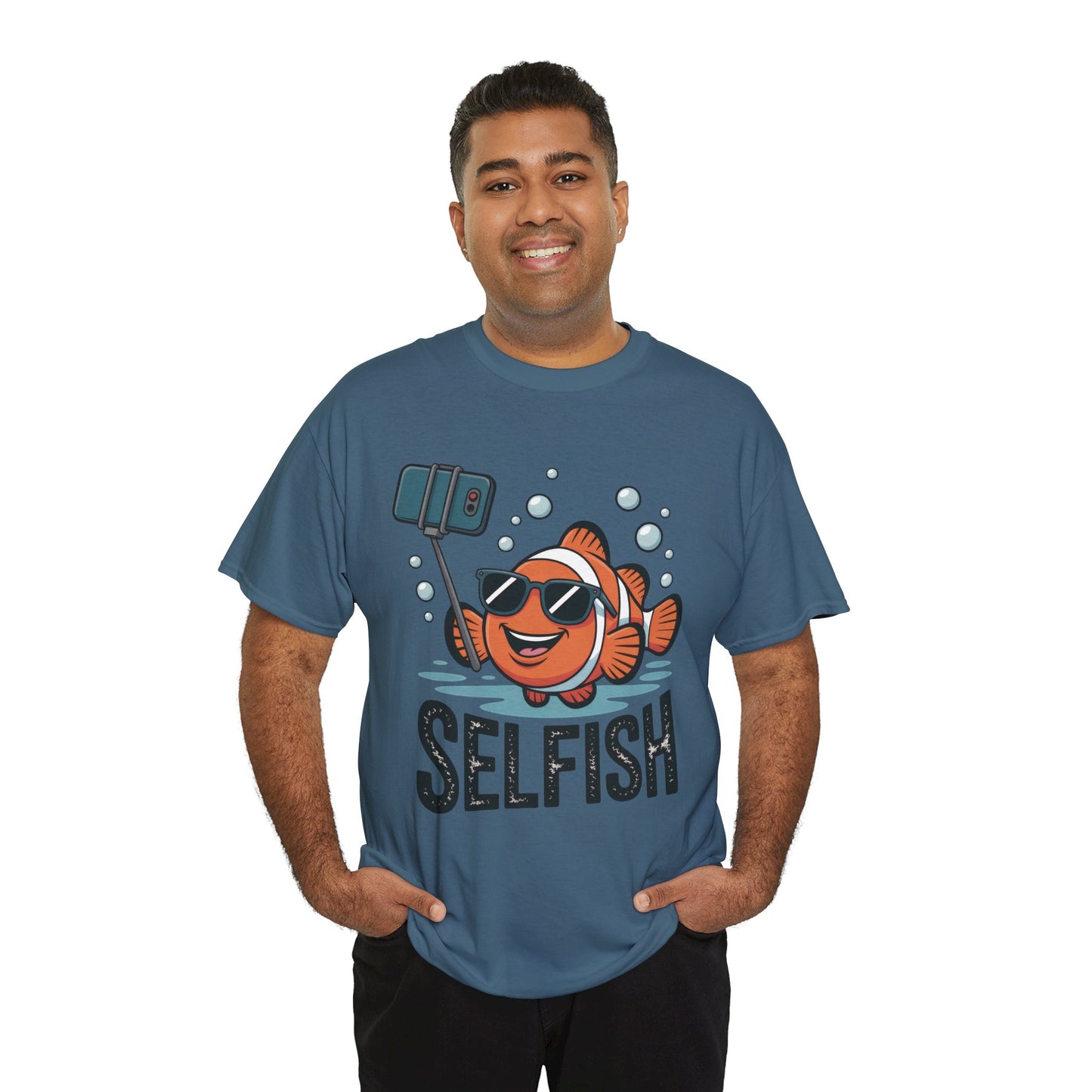 Unisex Heavy Cotton Tee, Mens Selfish Funny Fish T-Shirt, Cute Selfie Graphic Tee, Ocean Humor Shirt
