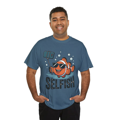 Unisex Heavy Cotton Tee, Mens Selfish Funny Fish T-Shirt, Cute Selfie Graphic Tee, Ocean Humor Shirt