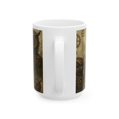 Steampunk Owl Mug, Victorian Mechanical Owl Coffee Cup, Brass Gear Owl Art, Industrial Fantasy Gift for Men & Steampunk Lovers, Mug, (15oz)