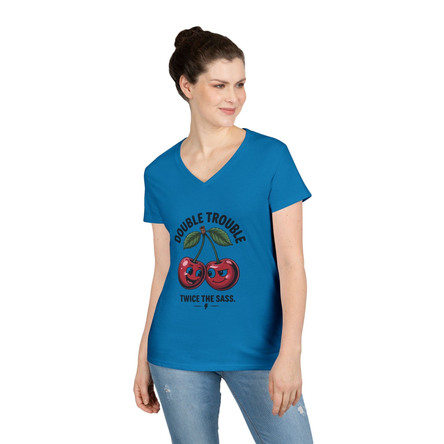 Double Trouble Cherry Ladies V-Neck T-Shirt, Funny Cute Womens T-Shirt, Twice the Sass Quote Shirt, Sassy Cherry Cartoon Gift