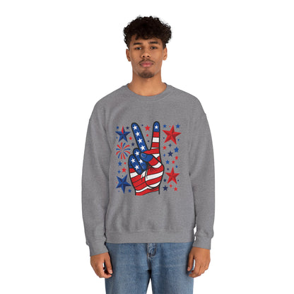 Patriotic Peace Crewneck Sweatshirt - Unisex Heavy Blend, 4th of July Clothing, Peace Sign Design, Casual Wear, Gift for Him/Her