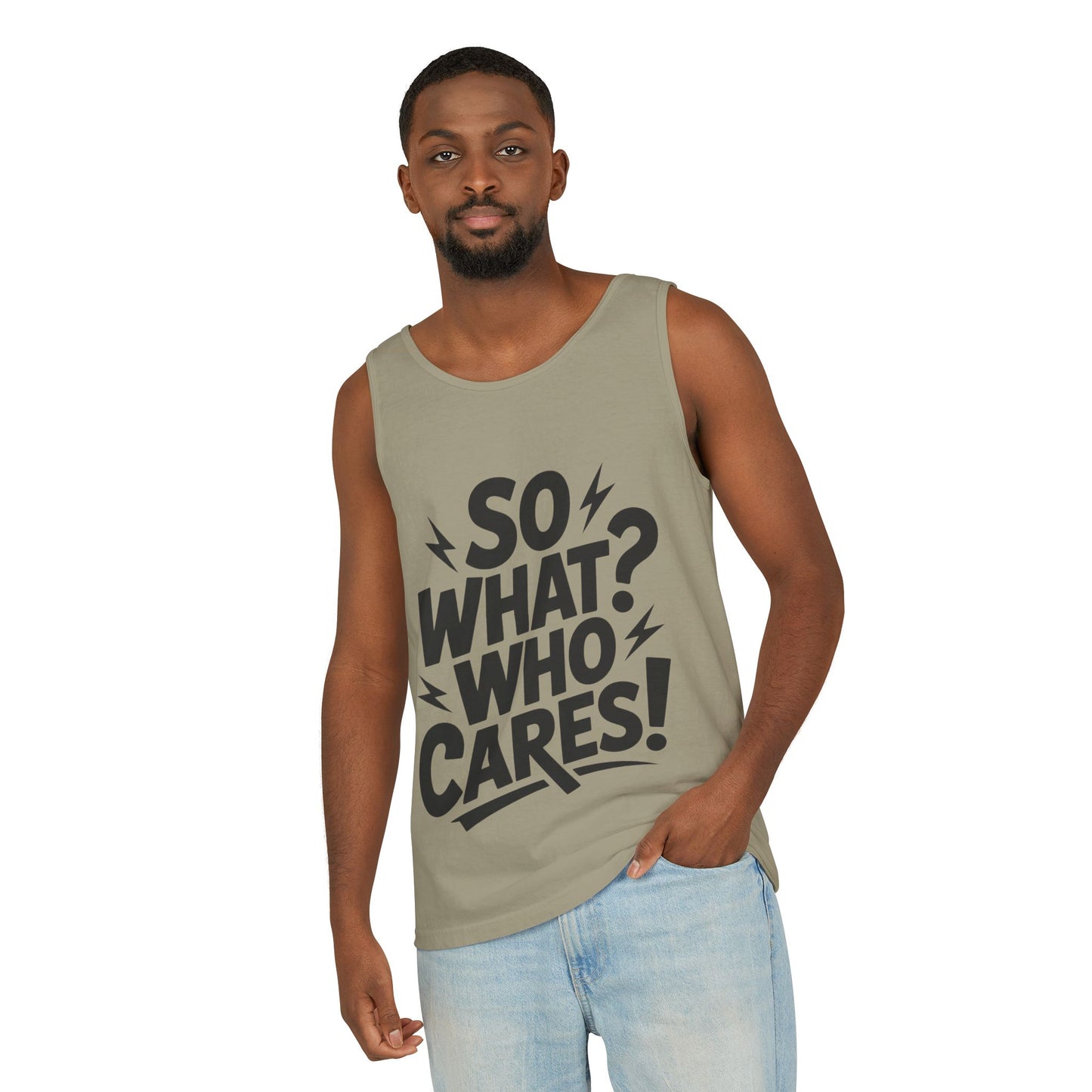 Mens Tank Top, "So What? Who Cares!", Casual Summer Wear, Beach Trip, Festival Outfit, Lightning Print, Sarcastic Summer Tee, Gym Tank