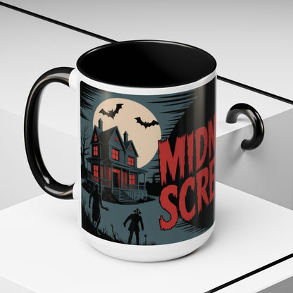 Midnight Screams Mug, Retro Horror Movie Poster Coffee Cup, Gothic Halloween Gift for Horror Lovers, Accent Coffee Mug (11, 15oz)