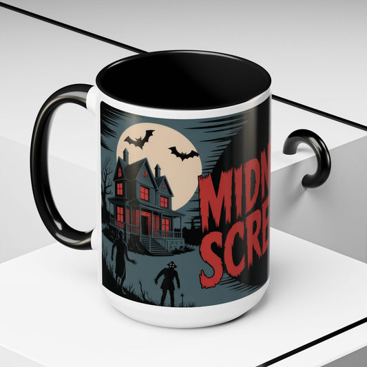 Midnight Screams Mug, Retro Horror Movie Poster Coffee Cup, Gothic Halloween Gift for Horror Lovers, Accent Coffee Mug (11, 15oz)