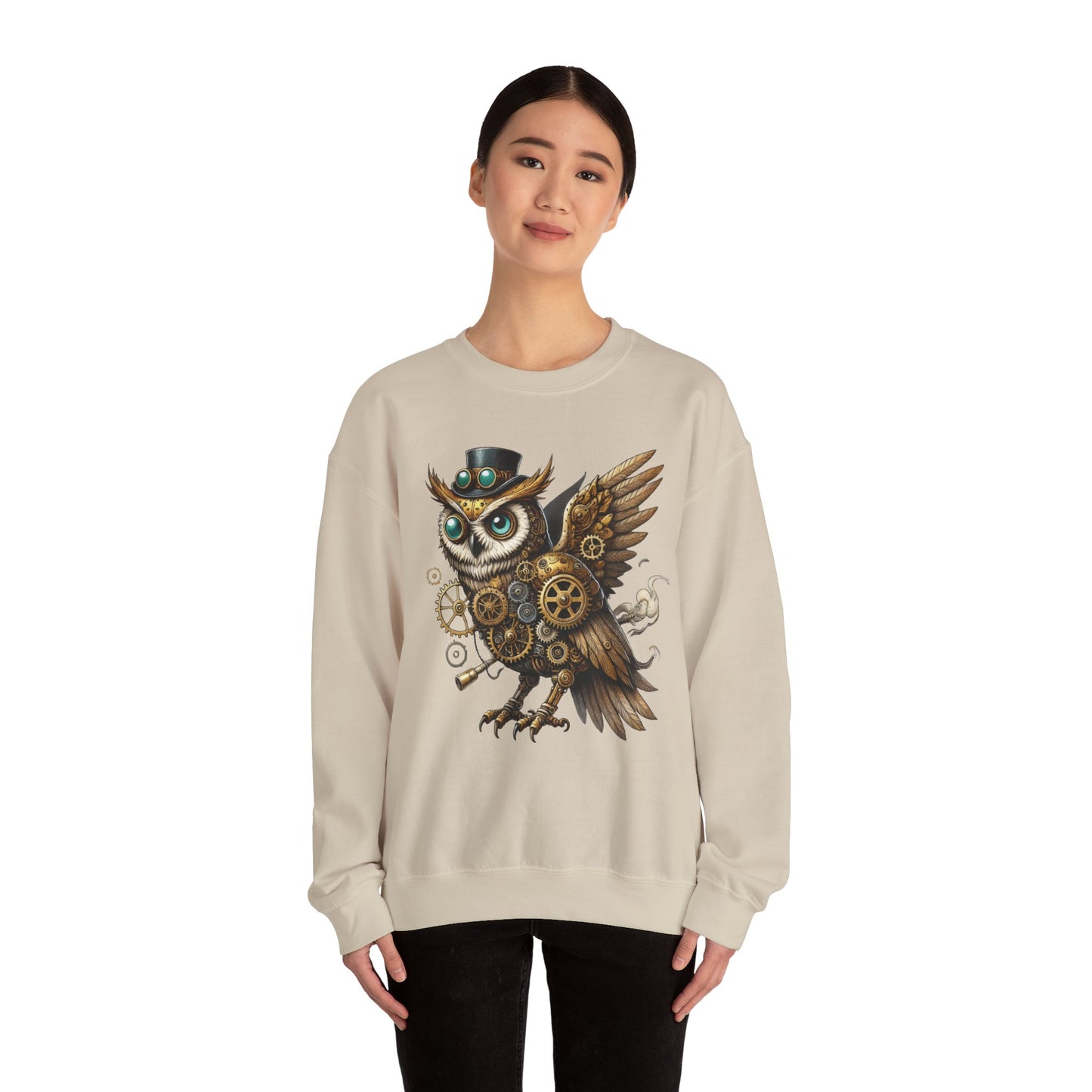 Steampunk Owl Unisex Crewneck Sweatshirt, Vintage Mechanical Gears Fantasy Bird Graphic Pullover, Gift for Owl Lovers