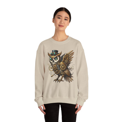 Steampunk Owl Unisex Crewneck Sweatshirt, Vintage Mechanical Gears Fantasy Bird Graphic Pullover, Gift for Owl Lovers