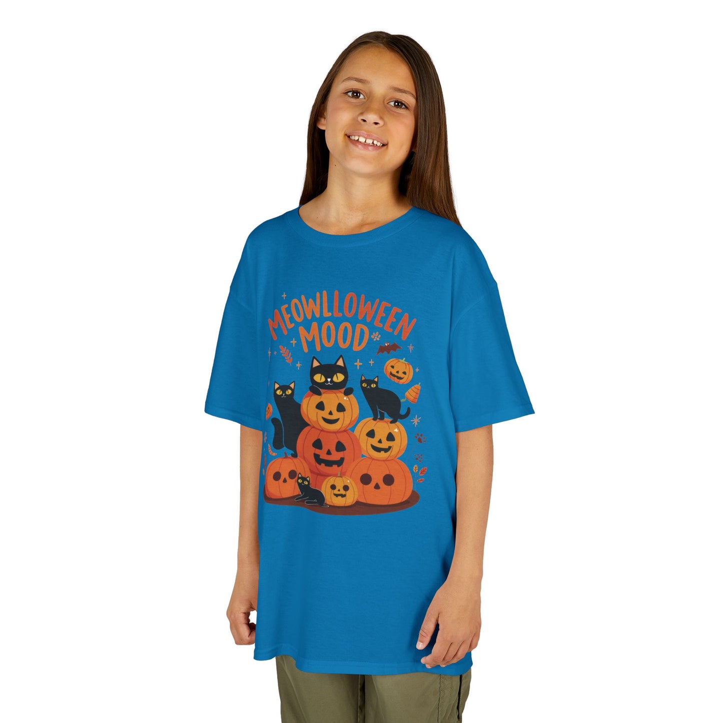 Meowlloween Mood Kids Shirt, Cute Black Cat Halloween T-Shirt for Girls and Boys, Funny Pumpkin Cat Tee, Cozy Fall Cat Lover Gift